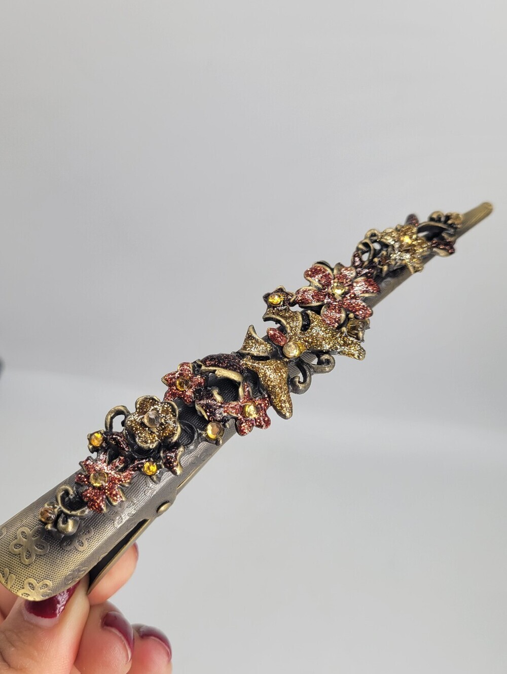 floral glitter design vintage style autumn hued hair barrette steampunk style